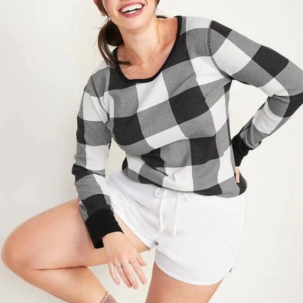 Old Navy Long-Sleeve Thermal Pajama Tee Black White Buffalo Size XL Tall NWT